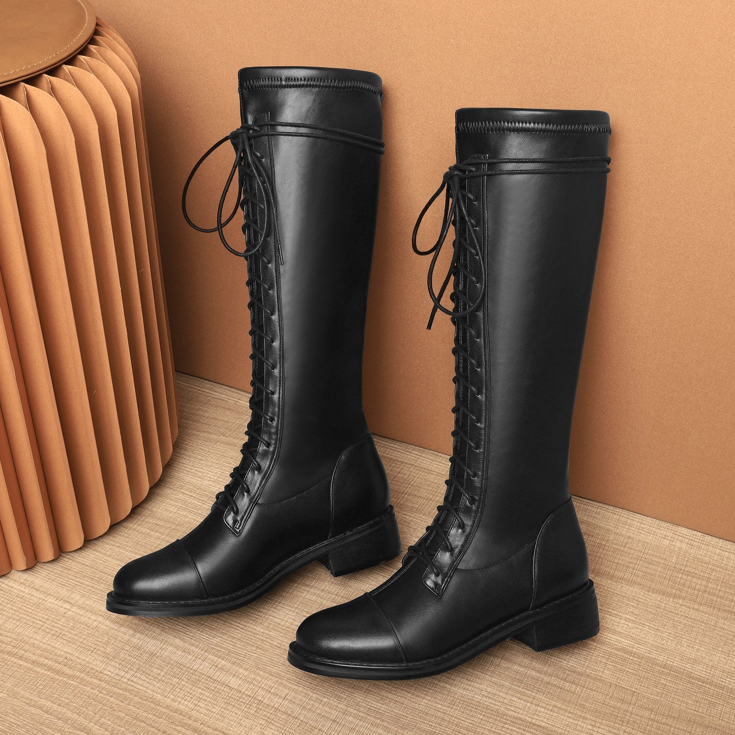 Women's Round Toe Genuine Leather Handmade Selftie Low Chunky Heel Cool Knee High Boots