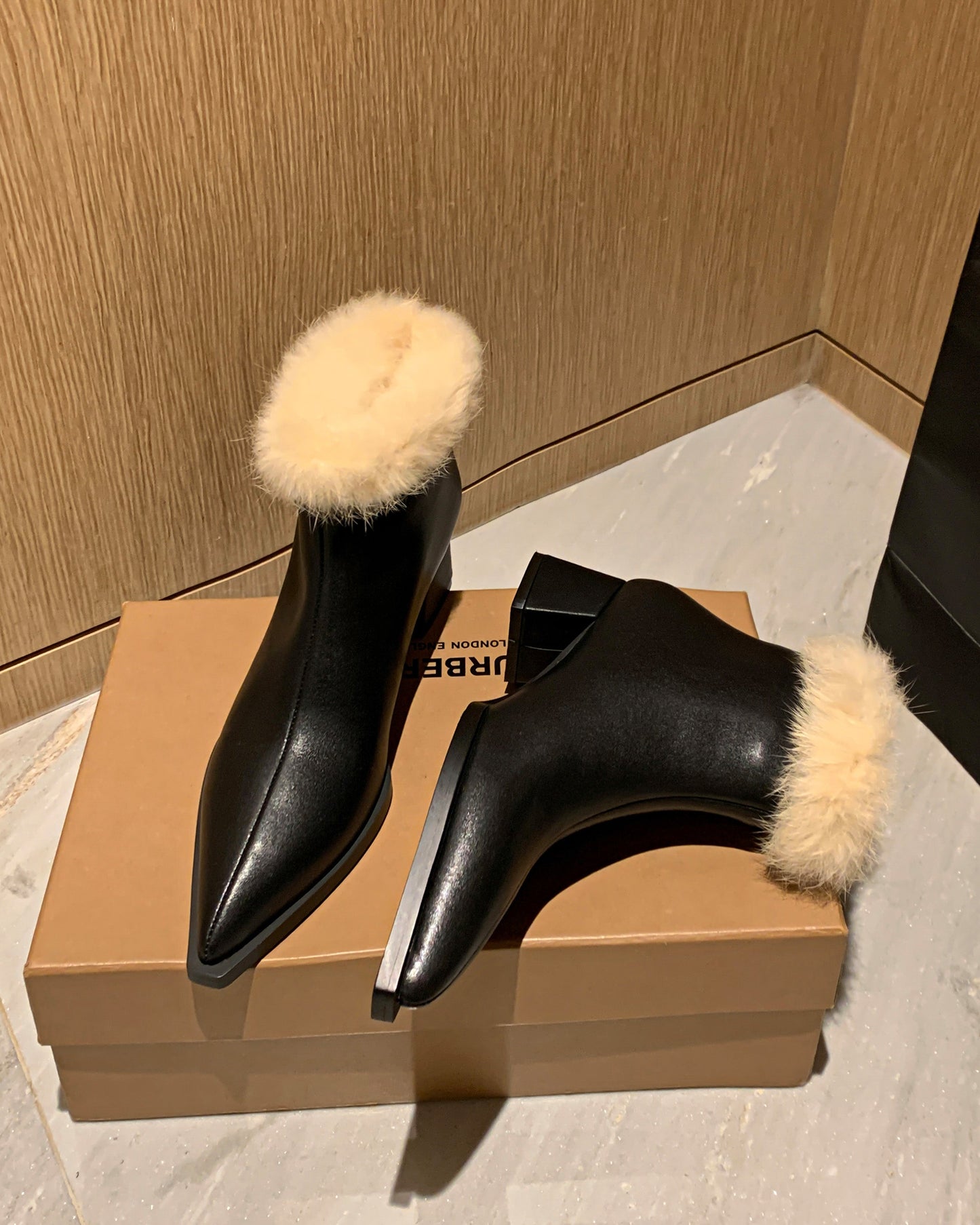 Handmade Women's Genuine Leather Furry Side Zip Pointed Toe Low Chunky Heel Charming Boots