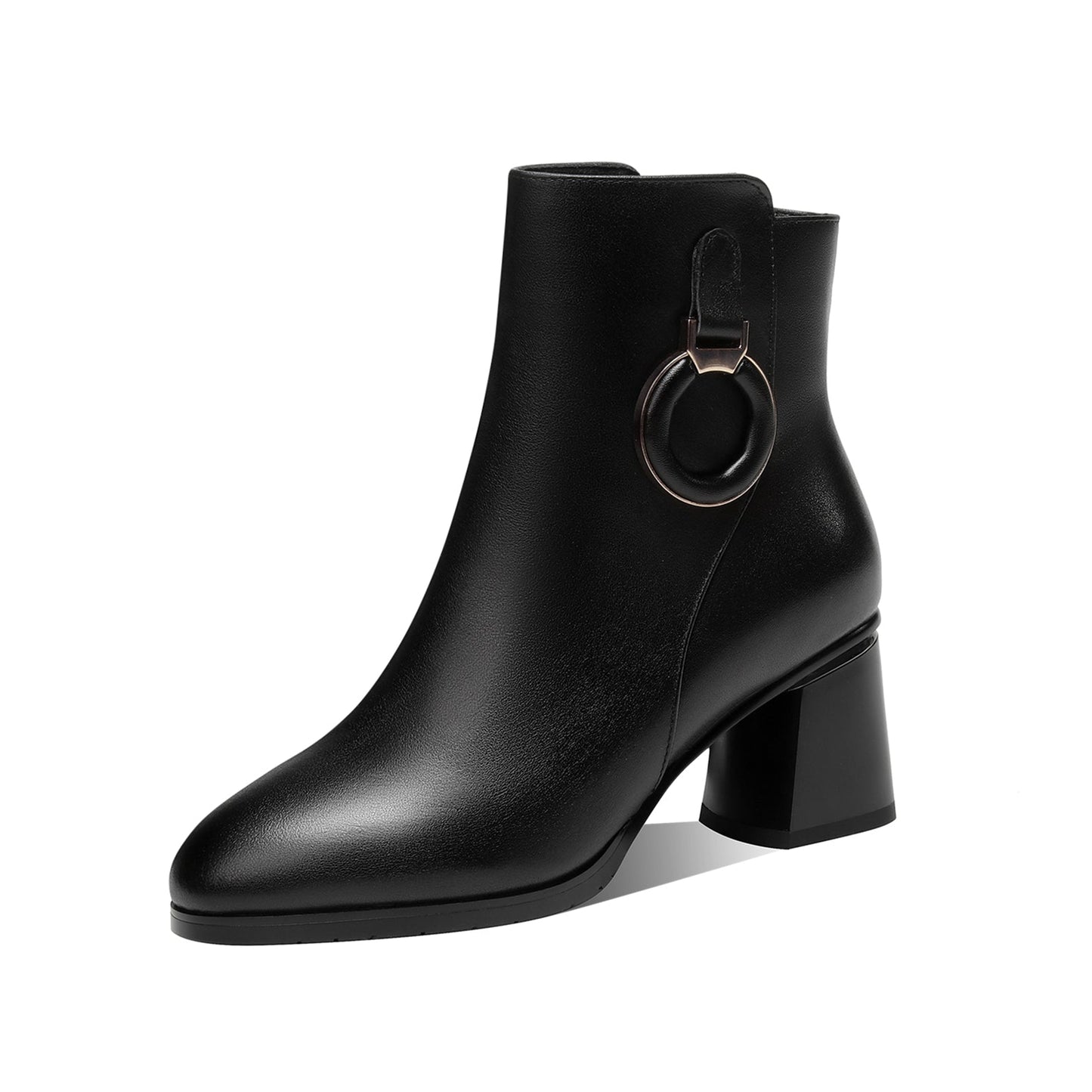 Women's Round Toe Genuine Leather Handmade Ring Decor Stylish Chunky Heel Zip Up Ankle Boots