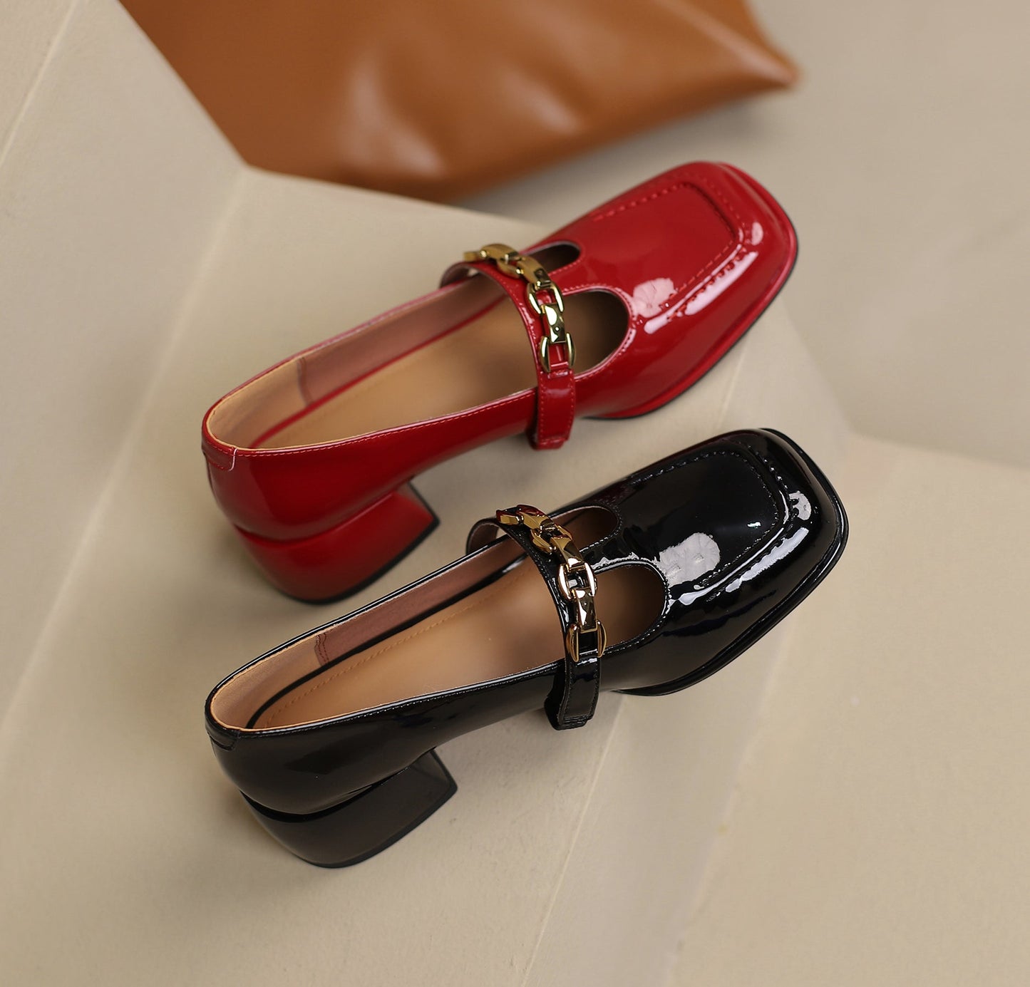 Handmade Women's Patent Leather Chain T-Strap Square Toe Low Chunky Heel Mary Janes Pumps Shoes