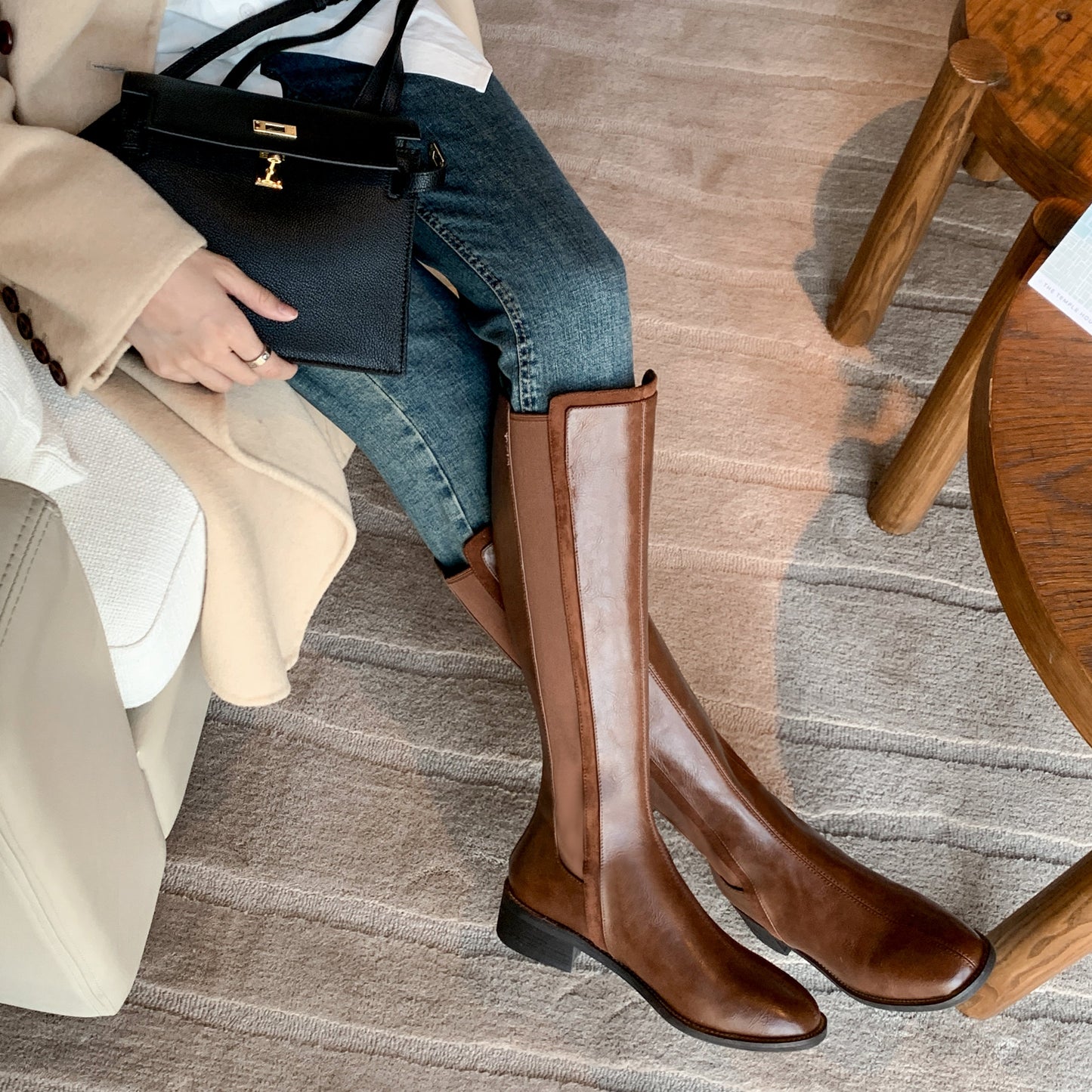 Women's Handmade Genuine Leather Round Toe Comfortable Low Chunky Heel Back Zip Up Knee High Riding Boots