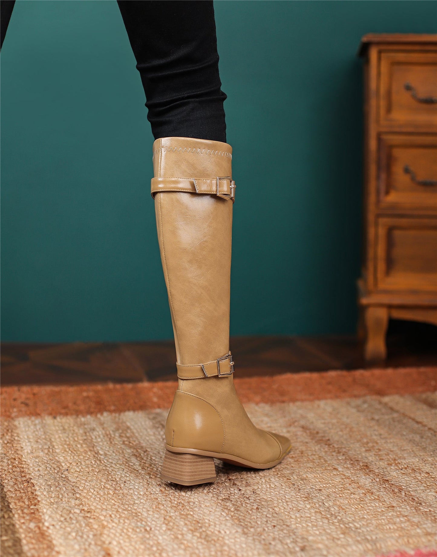 Women's Square Toe Genuine Leather Handmade Zipper Chunky Heels Trendy Knee High Boots with Buckles