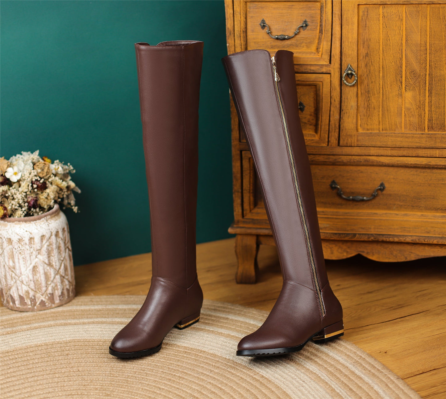 Women's Genuine Leather Handmade Side Zipper Decor Pointed Toe Comfortable Low Heel Over the Knee High Boots