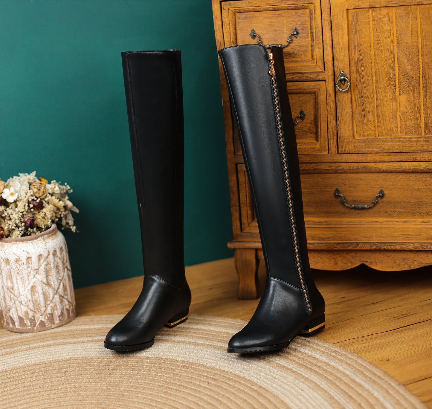 Women's Genuine Leather Handmade Side Zipper Decor Pointed Toe Comfortable Low Heel Over the Knee High Boots