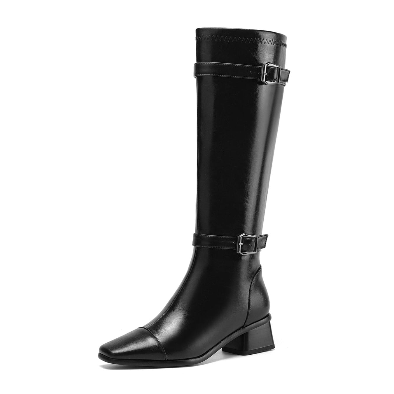 Women's Square Toe Genuine Leather Handmade Zipper Chunky Heels Trendy Knee High Boots with Buckles