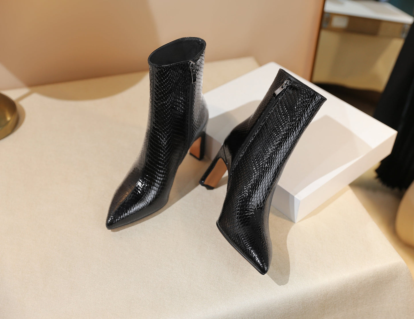 Women's Patent Leather Handmade Side Zip Pointed Toe High Chunky Heel Dress Ankle Boots