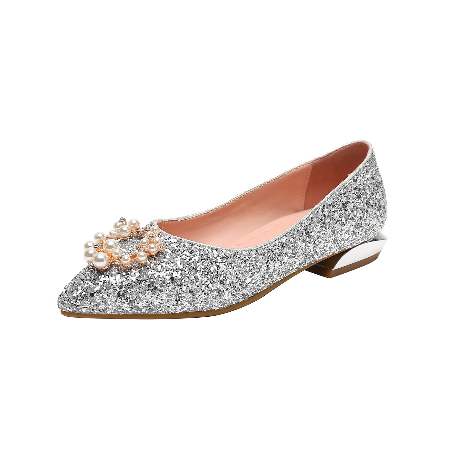 Women's Handmade Glitter Pointed Toe Pearls Pattern Slip On Flat Weeding Shoes