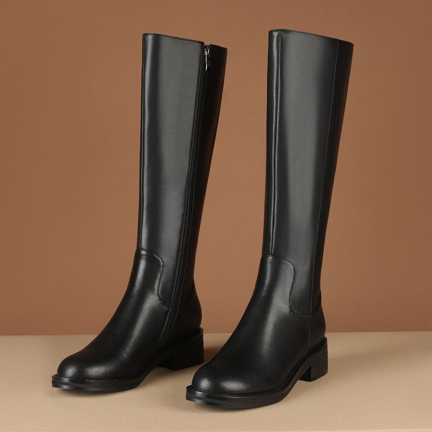 Round Toe Genuine Leather Handmade Side Zipper Comfort Low Chunky Heels Women's Knee High Boots