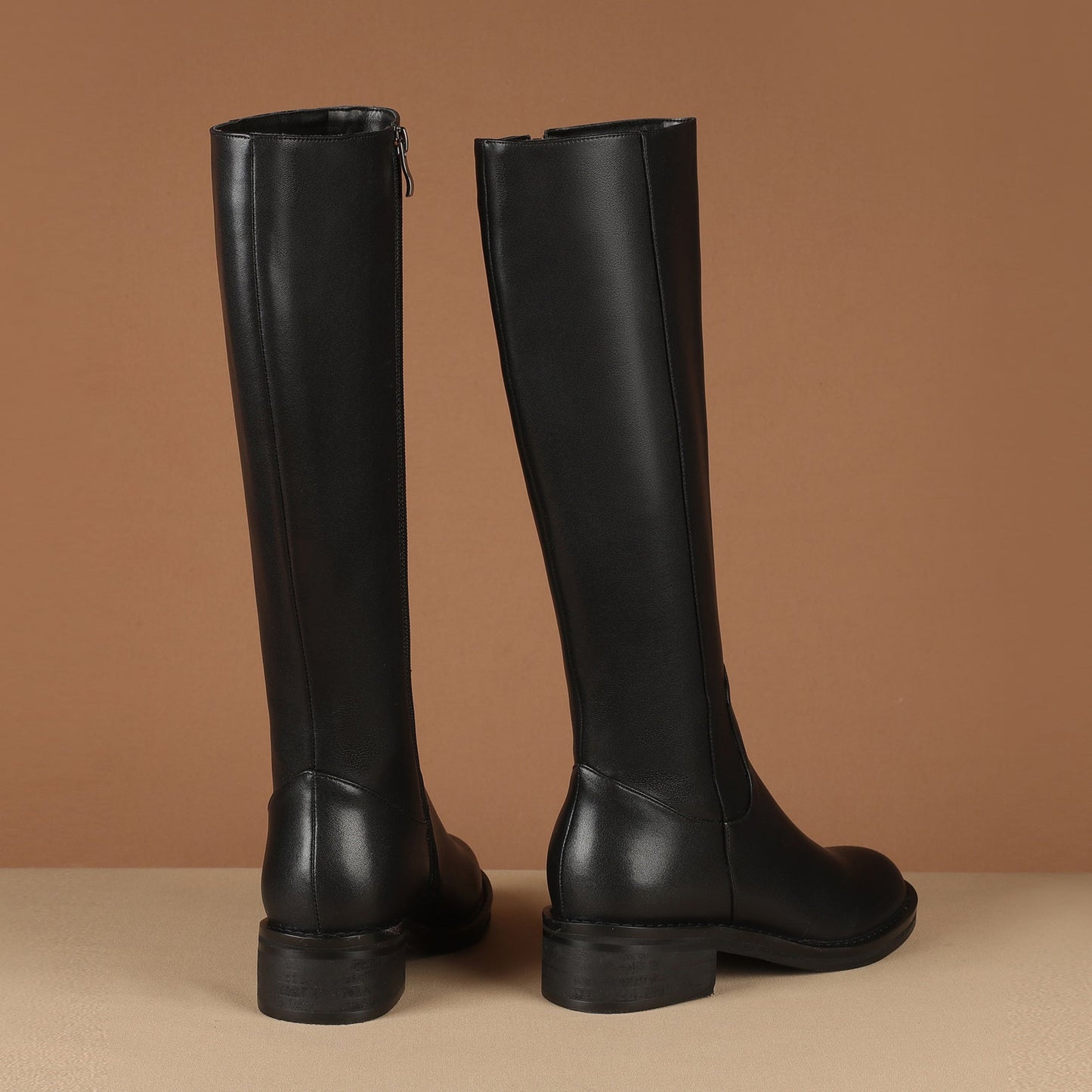 Round Toe Genuine Leather Handmade Side Zipper Comfort Low Chunky Heels Women's Knee High Boots