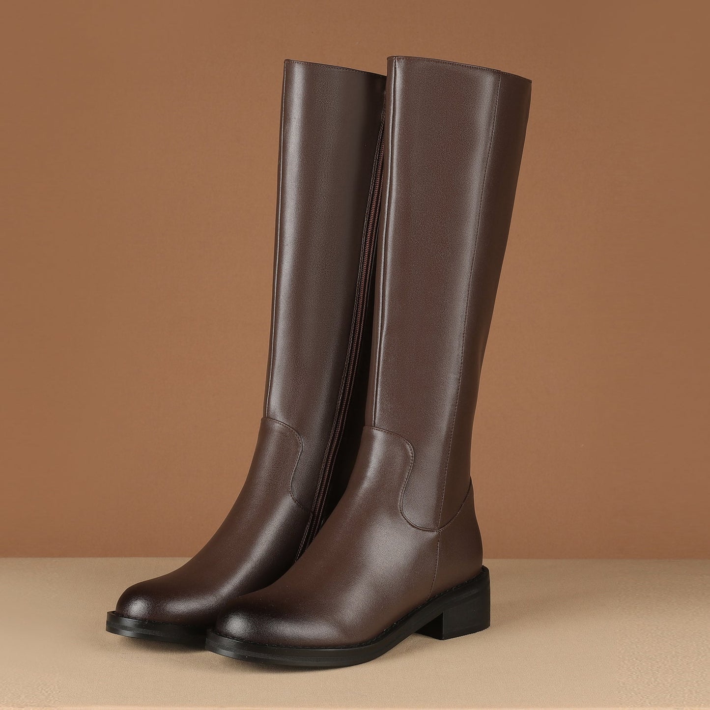 Round Toe Genuine Leather Handmade Side Zipper Comfort Low Chunky Heels Women's Knee High Boots