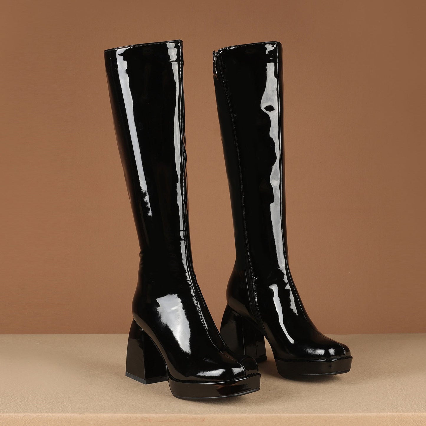 Women's Genuine/Patent Leather Square Toe Handmade Zipper Chunky Heels Chic Knee High Boots with Platform