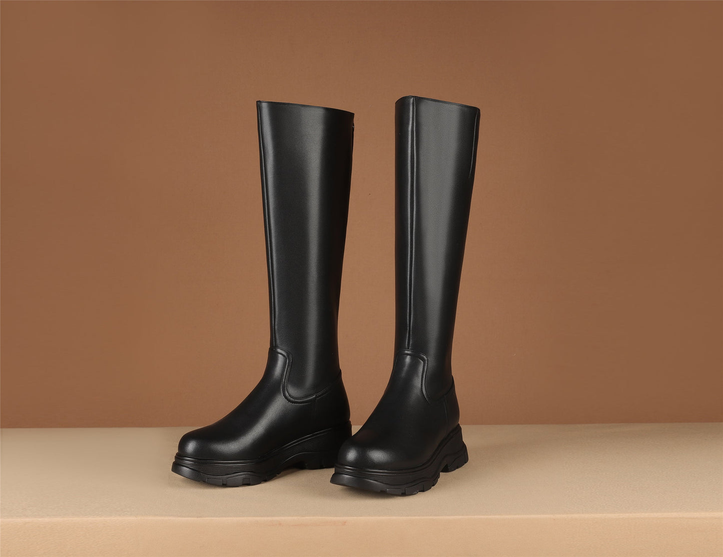 Women's Genuine Leather Round Toe Handmade Zipper Classic Knee High Boots with Platform