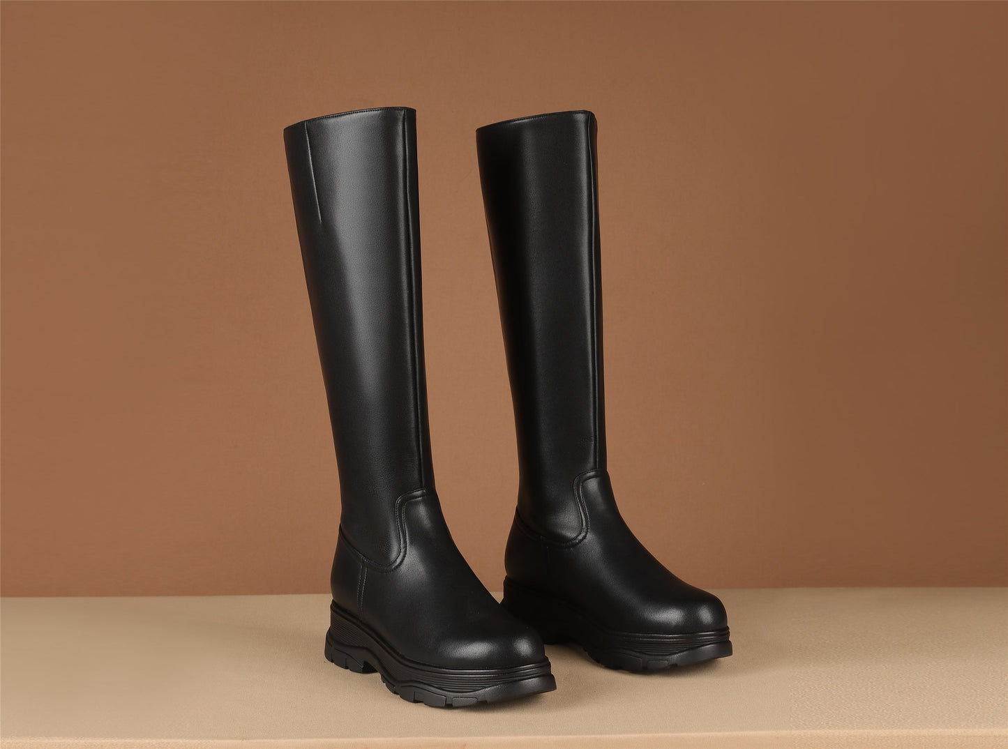 Women's Genuine Leather Round Toe Handmade Zipper Classic Knee High Boots with Platform