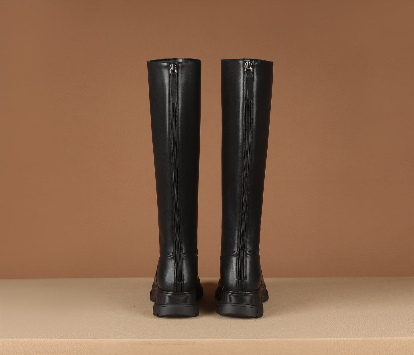 Women's Genuine Leather Round Toe Handmade Zipper Classic Knee High Boots with Platform