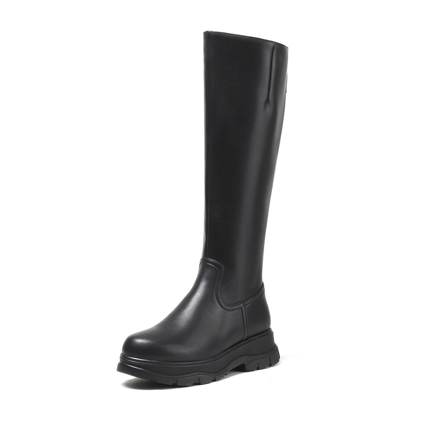 Women's Genuine Leather Round Toe Handmade Zipper Classic Knee High Boots with Platform