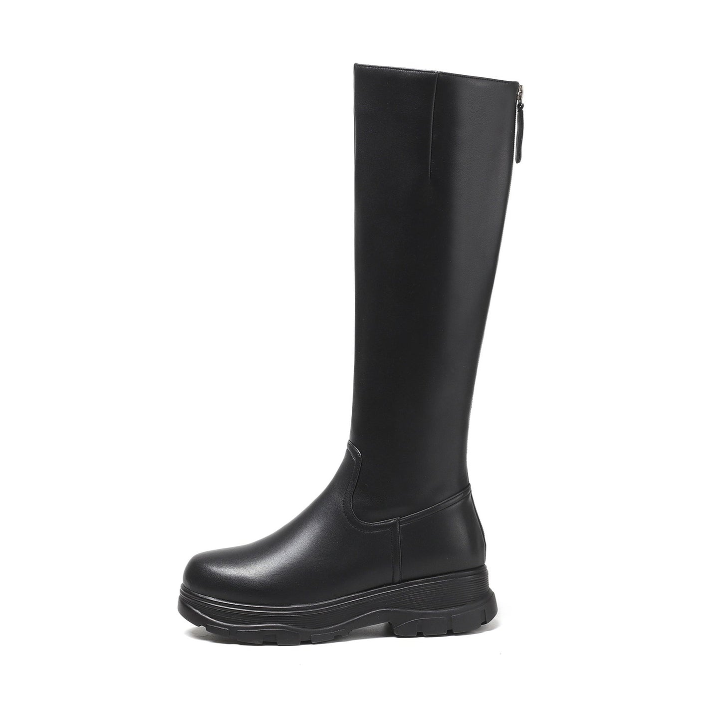 Women's Genuine Leather Round Toe Handmade Zipper Classic Knee High Boots with Platform