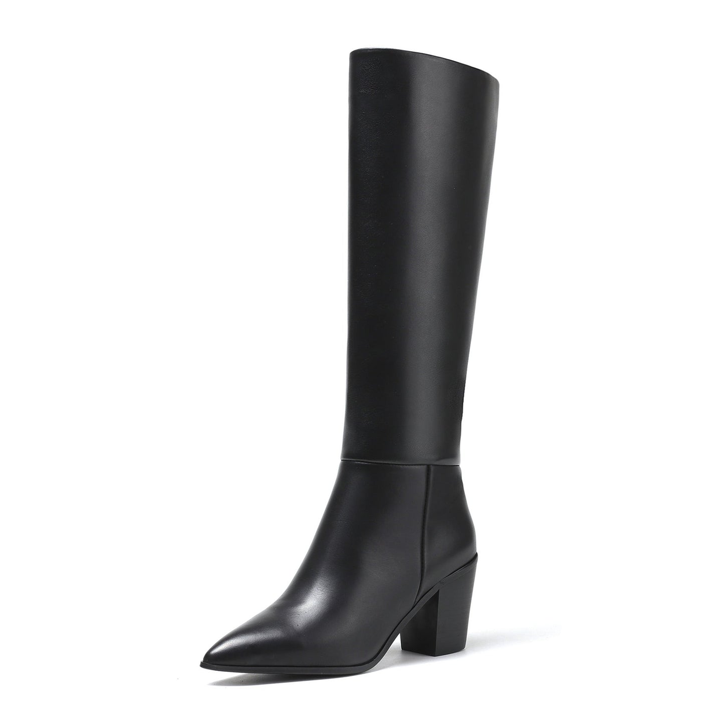 Pointed Toe Genuine Leather Handmade Chunky Heels Slip On Women's Classic Knee High Boots