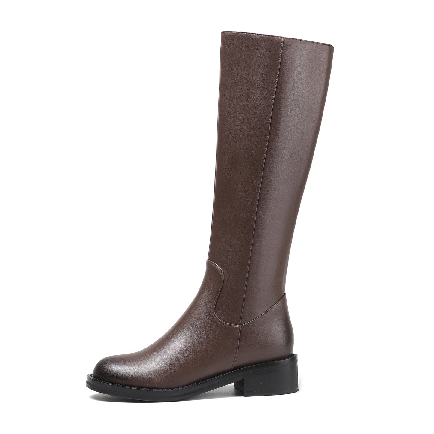 Round Toe Genuine Leather Handmade Side Zipper Comfort Low Chunky Heels Women's Knee High Boots