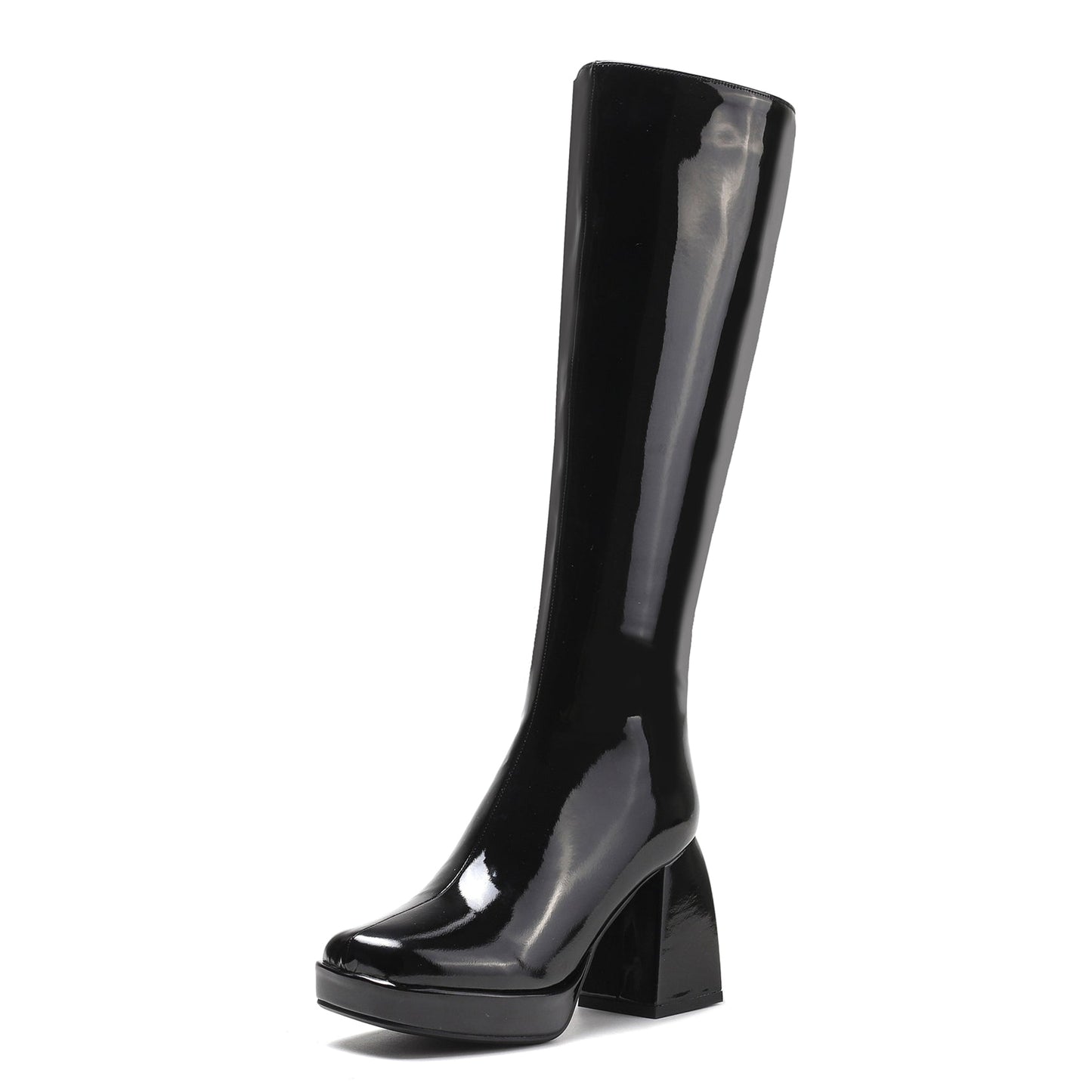 Women's Genuine/Patent Leather Square Toe Handmade Zipper Chunky Heels Chic Knee High Boots with Platform