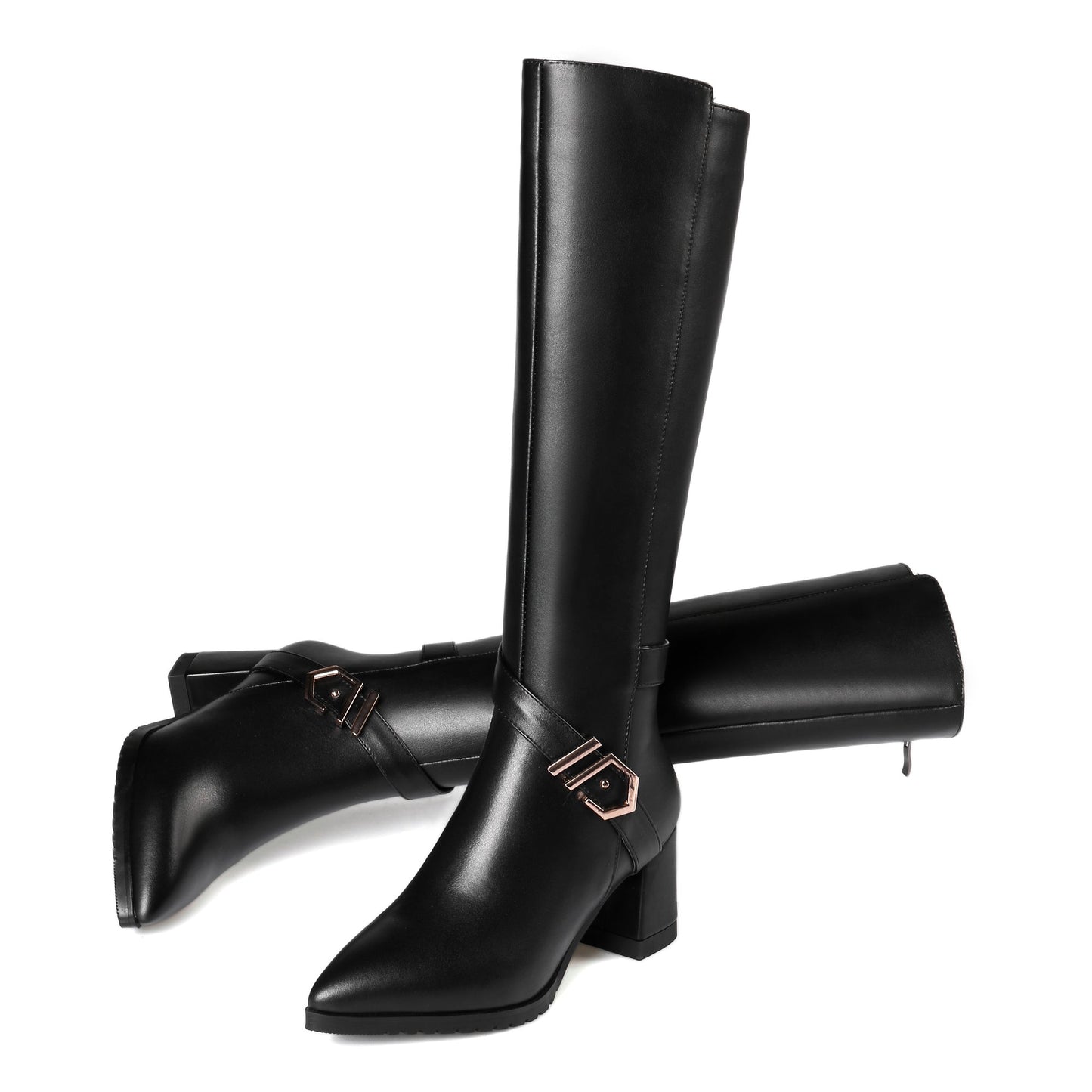 Women's Handmade Genuine Leather Pointed Toe Mid Chunky Heel Zip Up Classic Knee High Boots with Buckle Belt