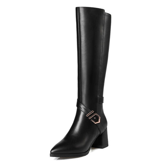 Women's Handmade Genuine Leather Pointed Toe Mid Chunky Heel Zip Up Classic Knee High Boots with Buckle Belt