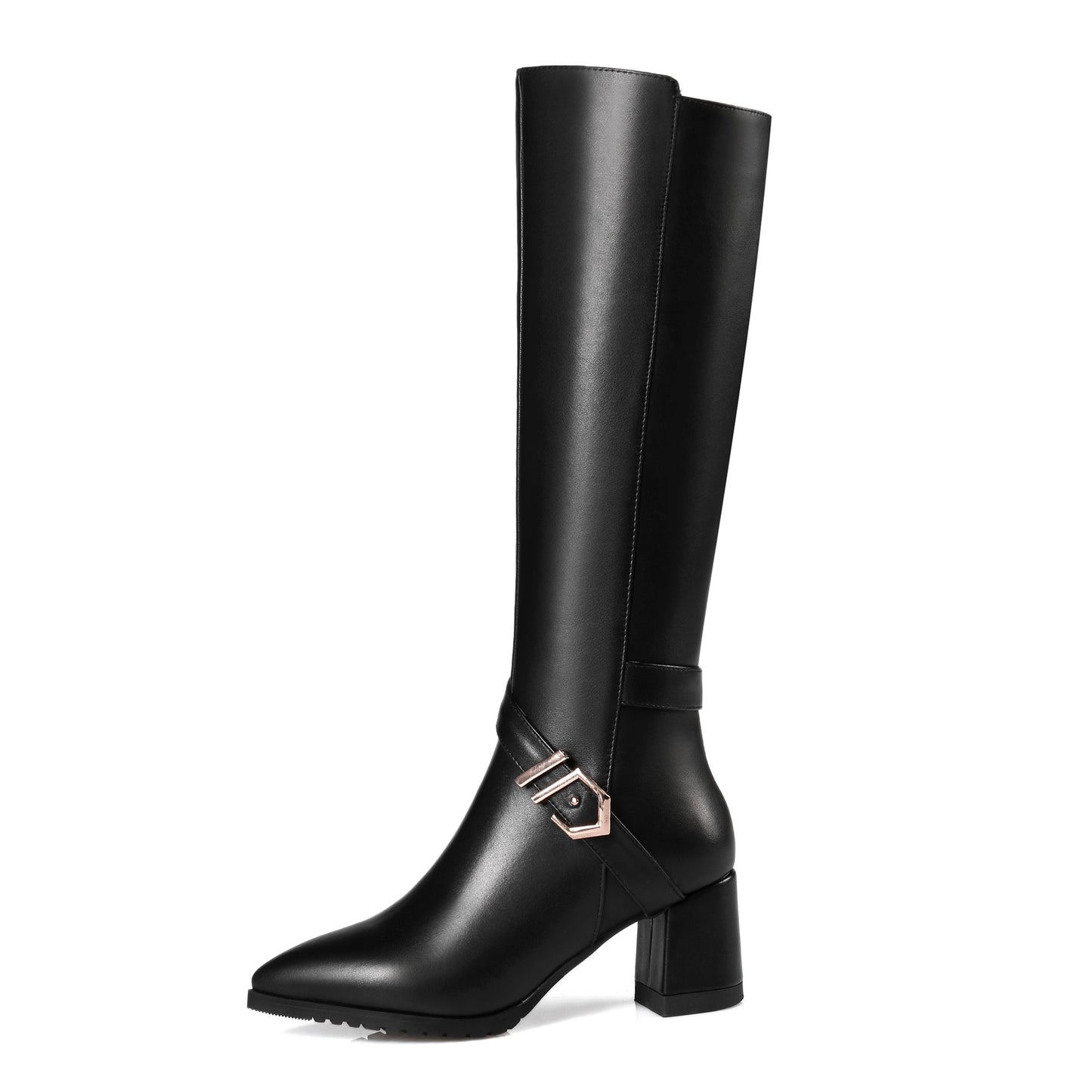 Women's Handmade Genuine Leather Pointed Toe Mid Chunky Heel Zip Up Classic Knee High Boots with Buckle Belt