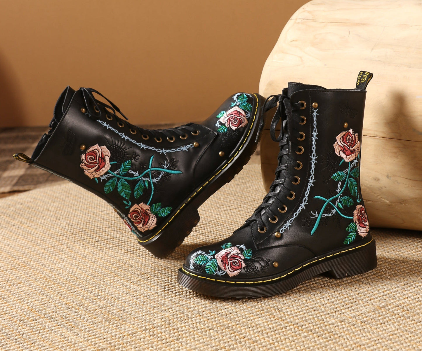 Handmade Women's Genuine Leather Ethnic Embroidered Floral Round Toe Low Chunky Heel Front Lace Up Combat Boots