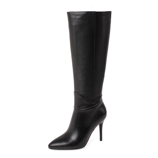 Genuine Leather Women's Pointed Toe Side Zip Handmade Stiletto High Heel Knee High Boots