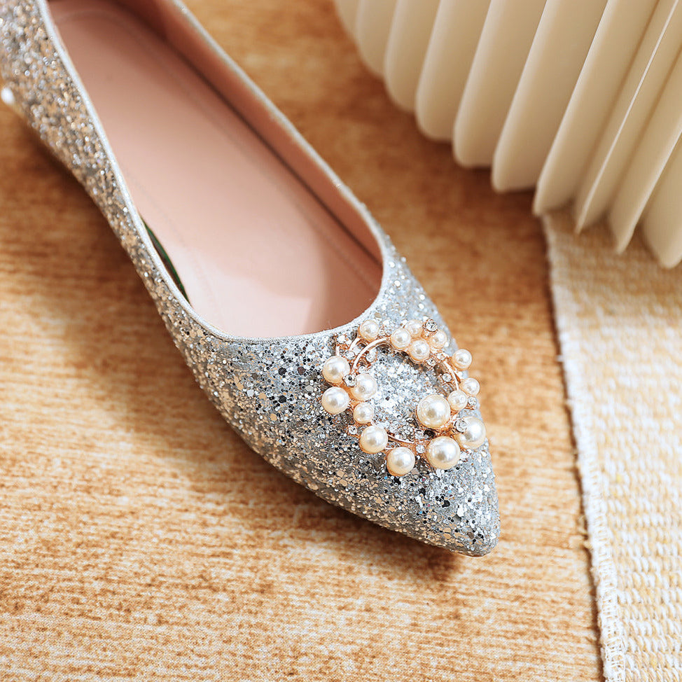 Women's Handmade Glitter Pointed Toe Pearls Pattern Slip On Flat Weeding Shoes