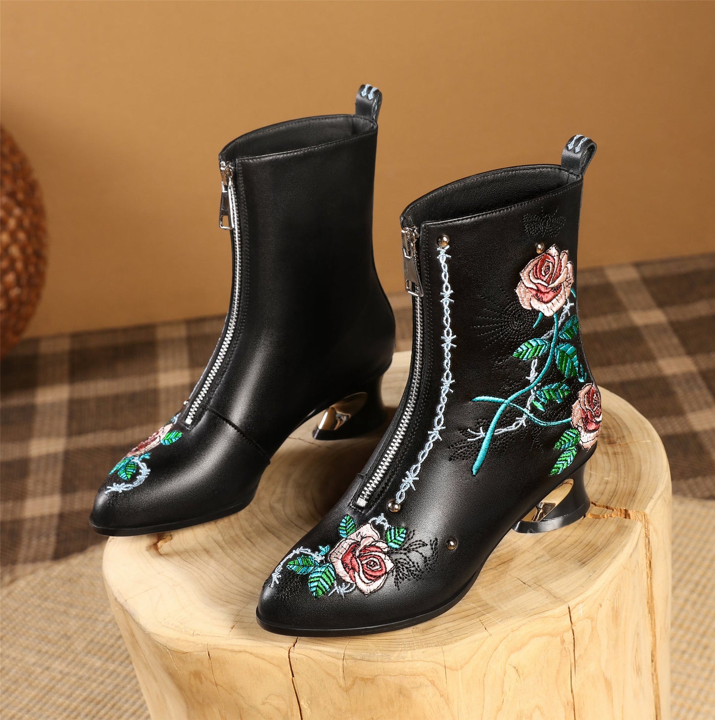 Handmade Women's Genuine Leather Ethnic Embroidered Floral Pointed Toe Low Chunky Heel Front Zipper Mid-Calf Boots