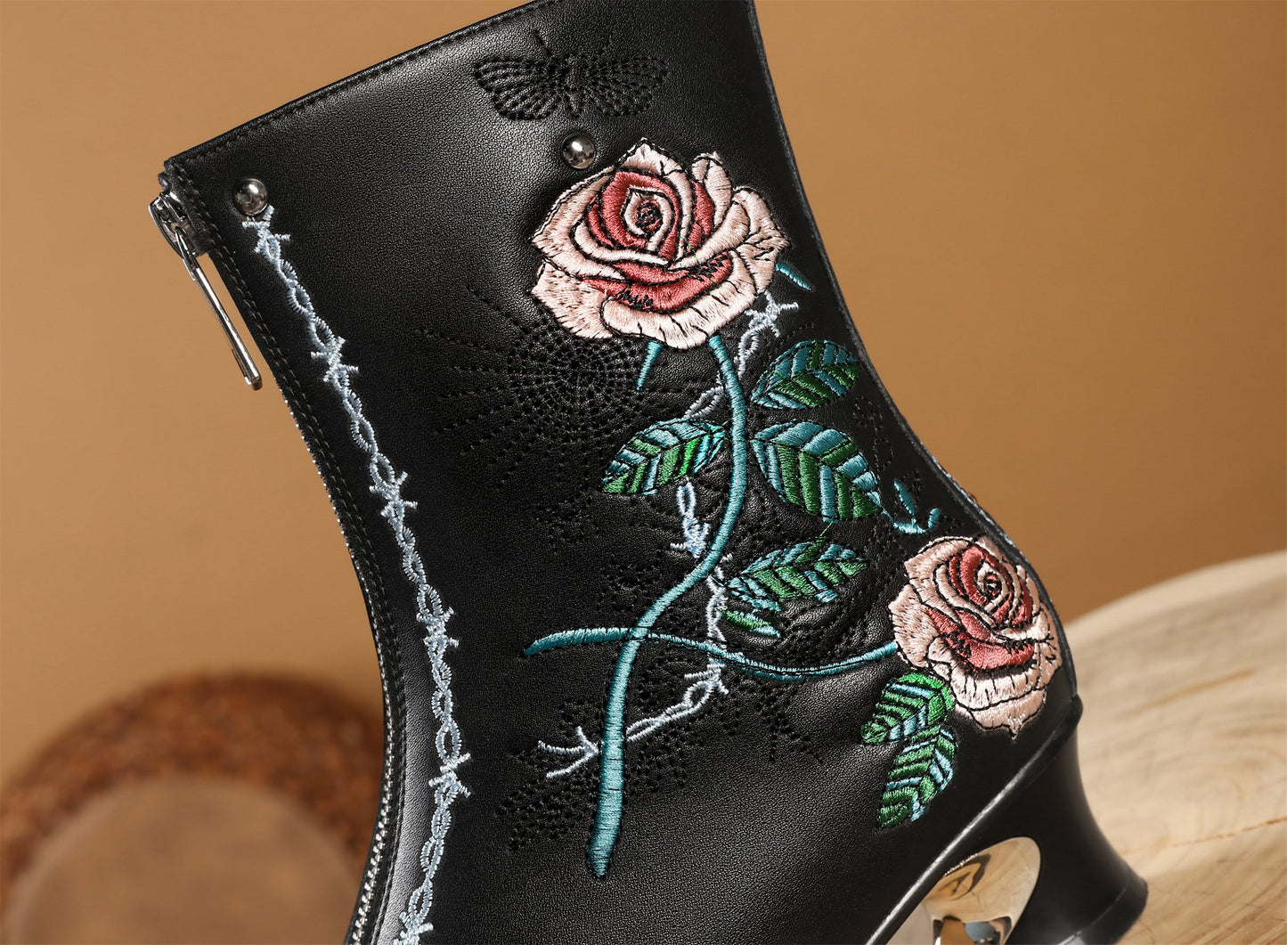 Handmade Women's Genuine Leather Ethnic Embroidered Floral Pointed Toe Low Chunky Heel Front Zipper Mid-Calf Boots