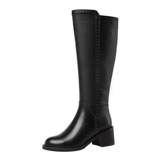 Women's Handmade Genuine Leather Round Toe Mid Block Heel Side Zip Up Black Knee High Boots