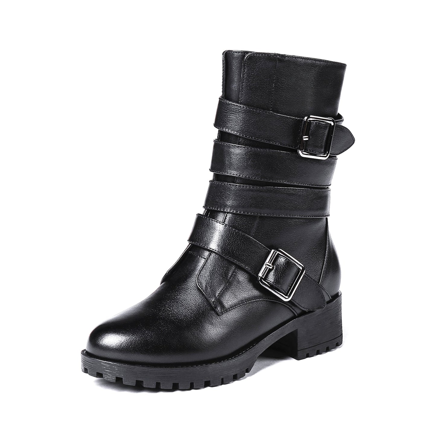 Women's Round Toe Genuine Leather Handmade Buckle Belt Zip Up Chic Mid Calf Boots