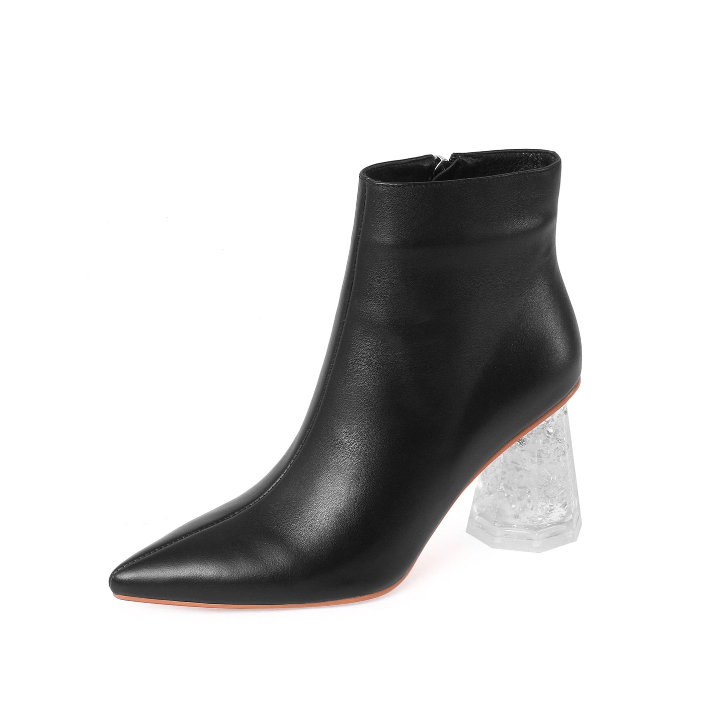 Women's Handmade Genuine Leather Pointed Toe Exquisite Transparent High Heel Side Zip Up Modern Ankle Boots