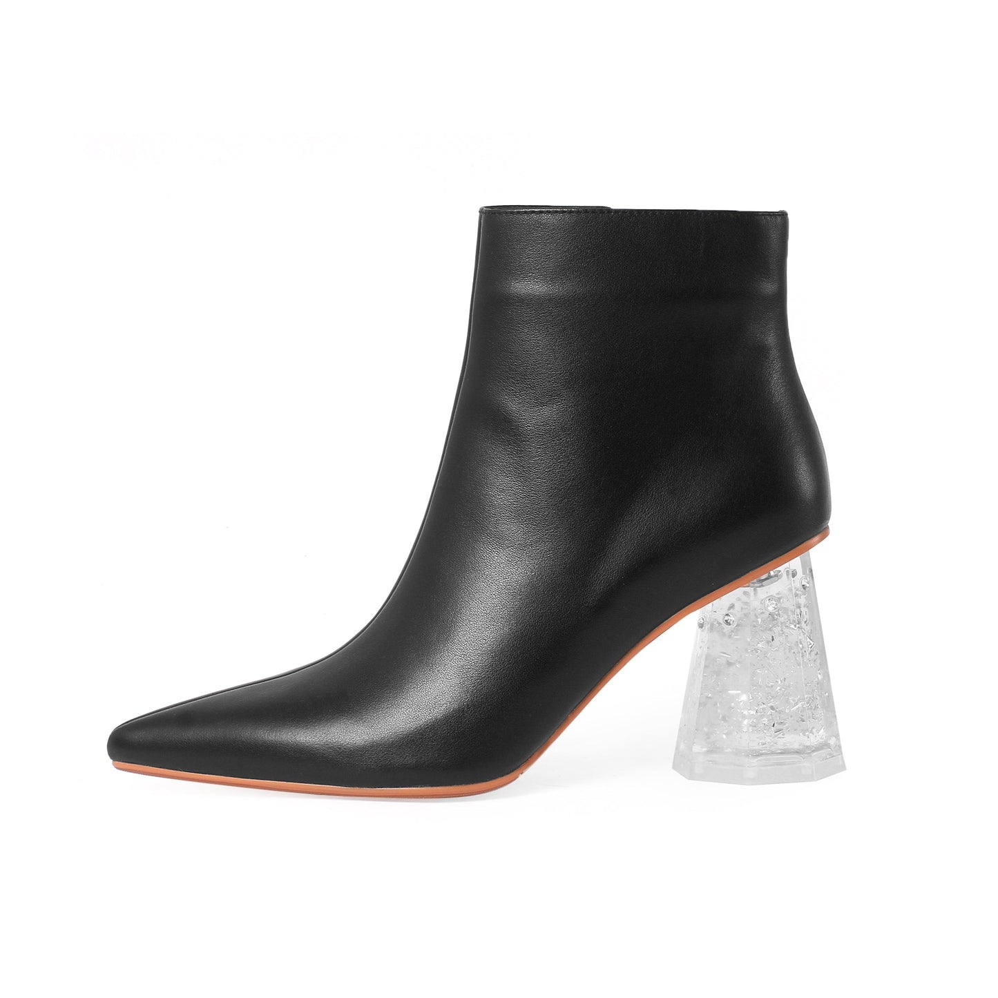 Women's Handmade Genuine Leather Pointed Toe Exquisite Transparent High Heel Side Zip Up Modern Ankle Boots