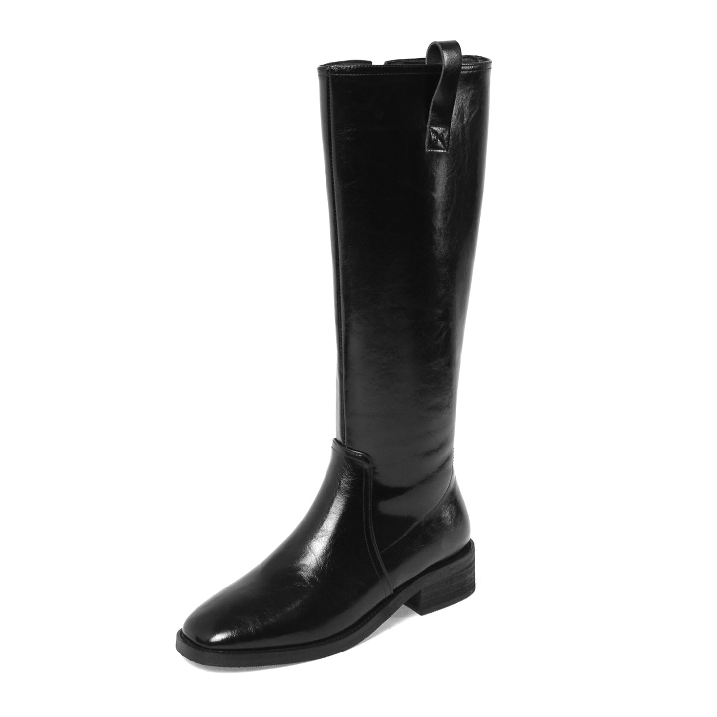 Women's Handmade Genuine Leather Round Toe Low Block Heel Side Zip Up Western Style Knee High Riding Boots