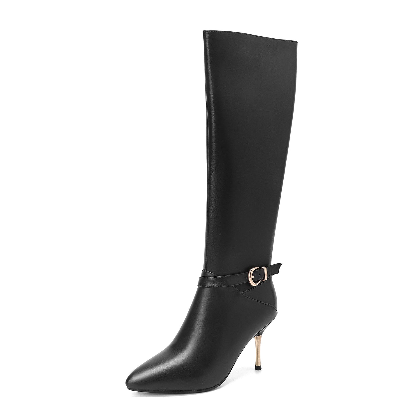 Women's Genuine Leather Sexy Pointed Toe High Stiletto Heel Handmade Side Zip Knee High Boots with Buckle