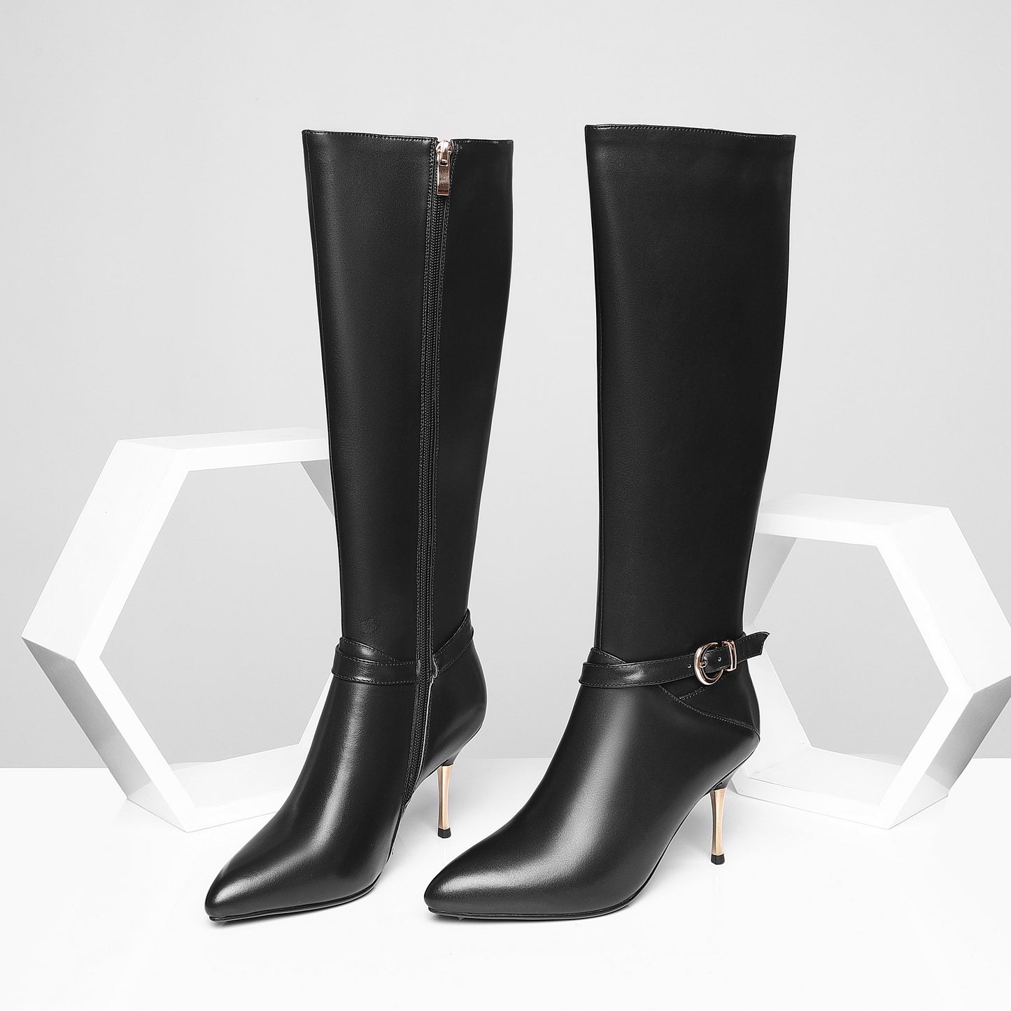 Women's Genuine Leather Sexy Pointed Toe High Stiletto Heel Handmade Side Zip Knee High Boots with Buckle