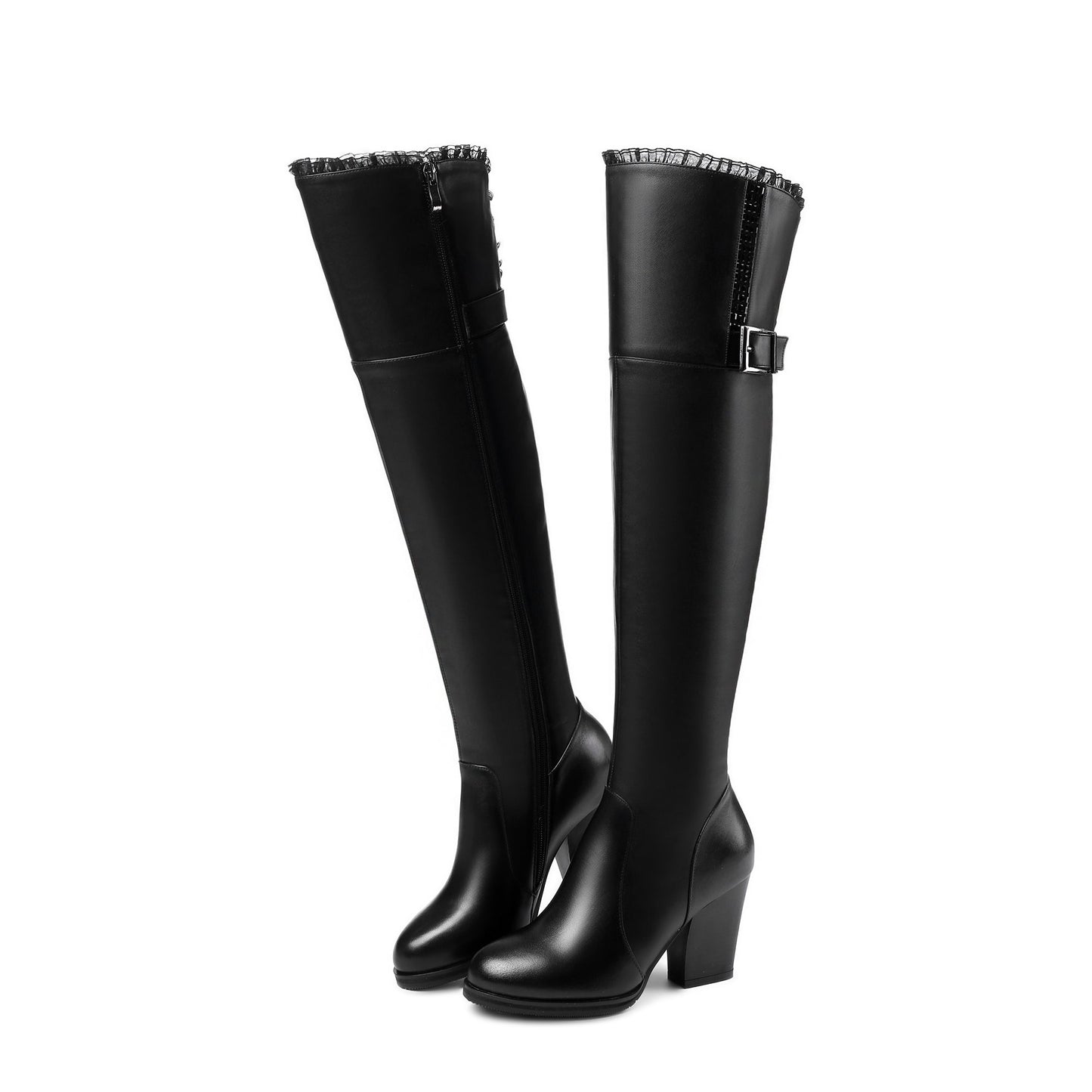 Genuine Leather Women's Handmade Round Toe Side Zip Up High Chunky Heel Over the Knee Boots with Cool Buckle