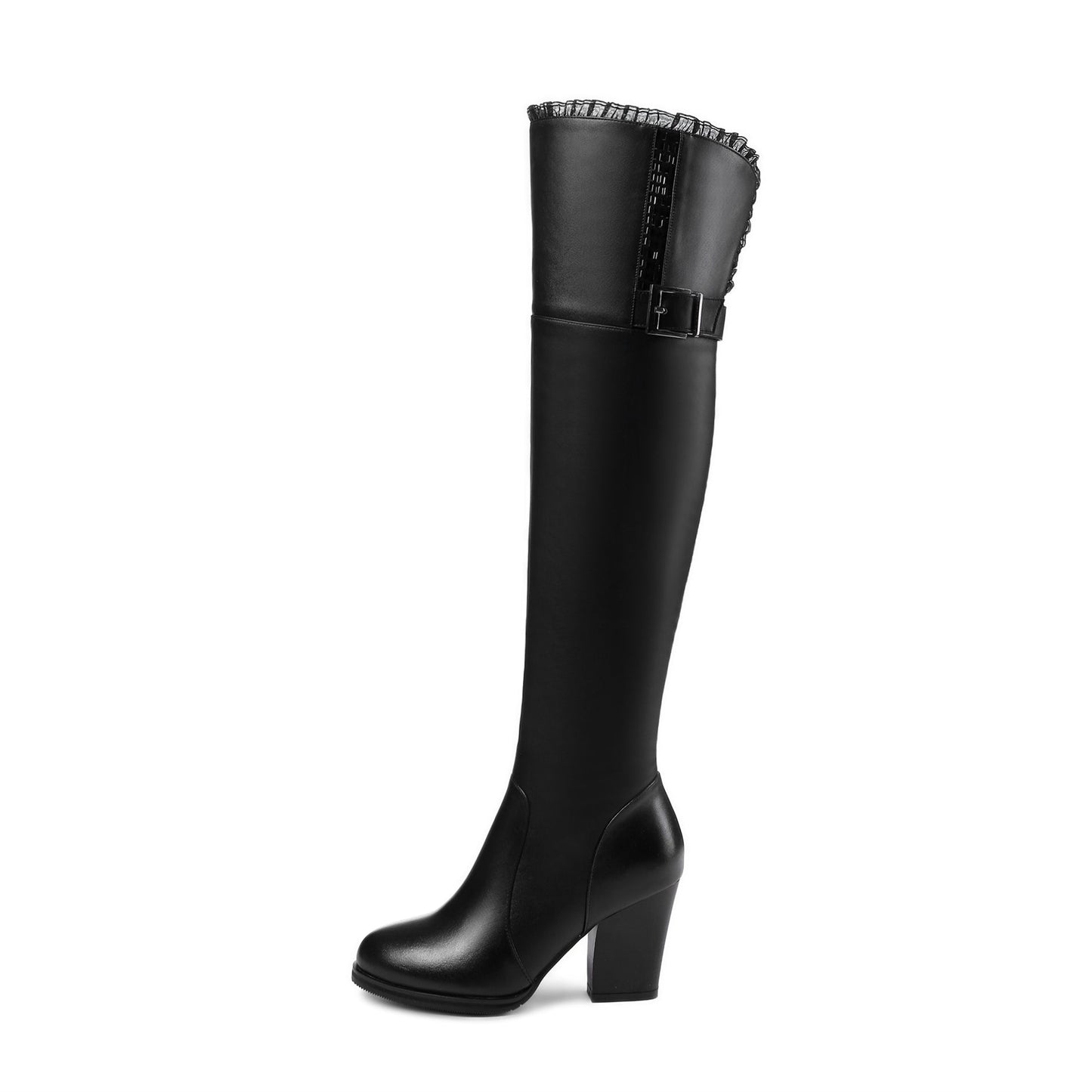 Genuine Leather Women's Handmade Round Toe Side Zip Up High Chunky Heel Over the Knee Boots with Cool Buckle