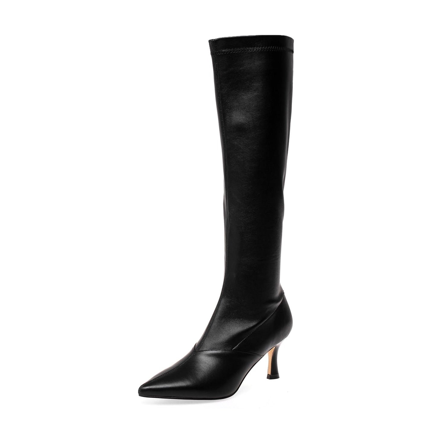 Women's Handmade Genuine Leather with Elastic Fabric Pointed Toe Side Zip Mid Heel Stylish Knee High Boots