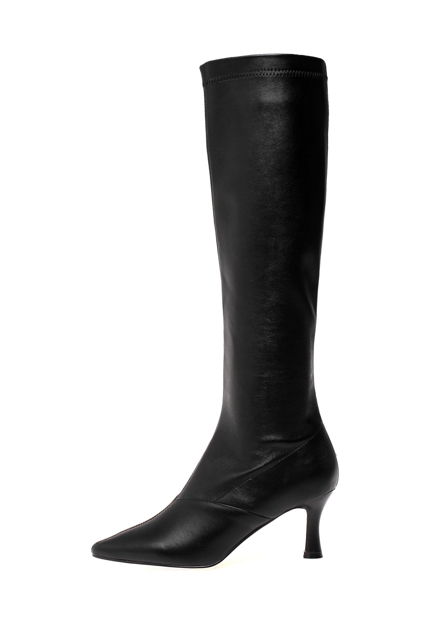 Women's Handmade Genuine Leather with Elastic Fabric Pointed Toe Side Zip Mid Heel Stylish Knee High Boots