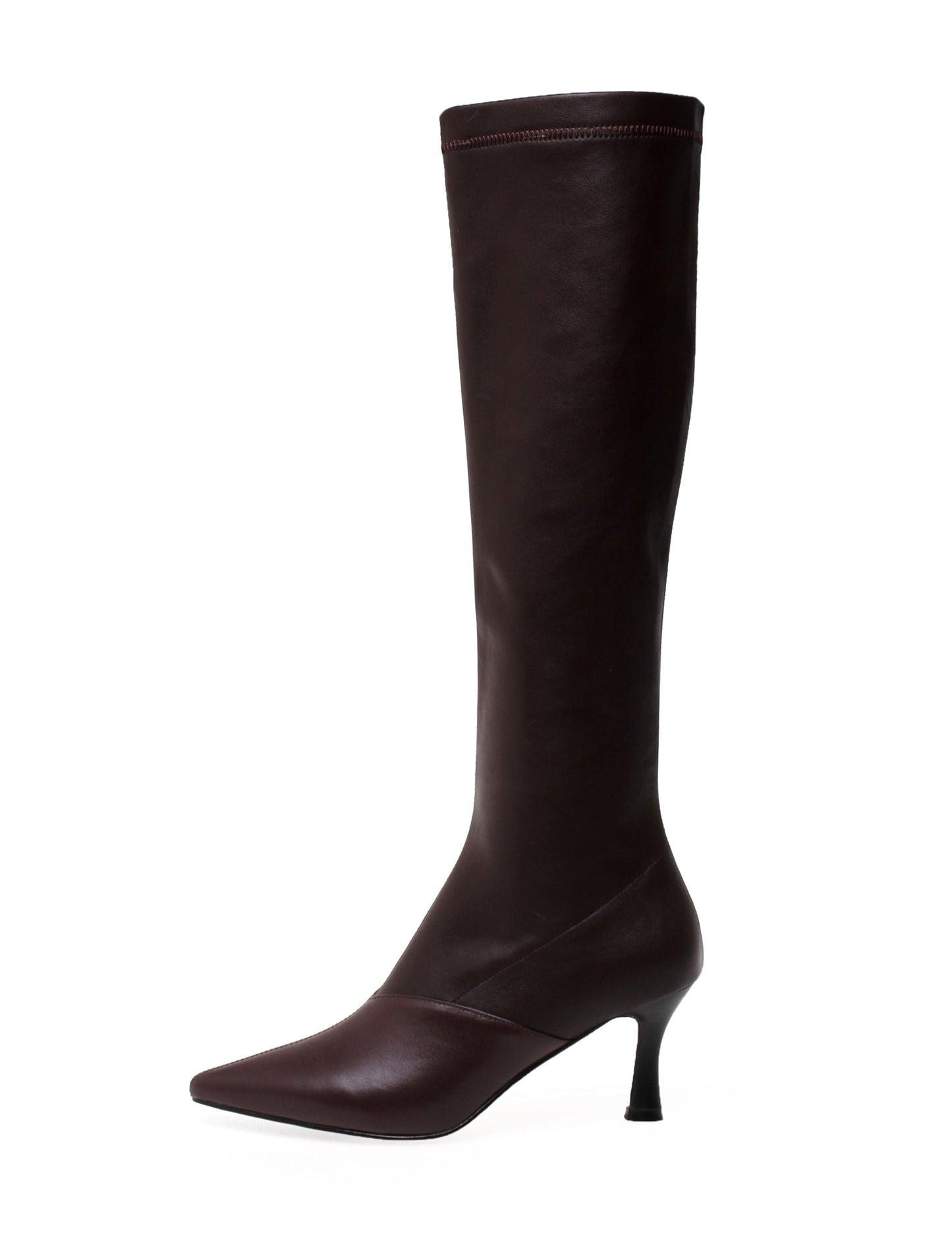 Women's Handmade Genuine Leather with Elastic Fabric Pointed Toe Side Zip Mid Heel Stylish Knee High Boots