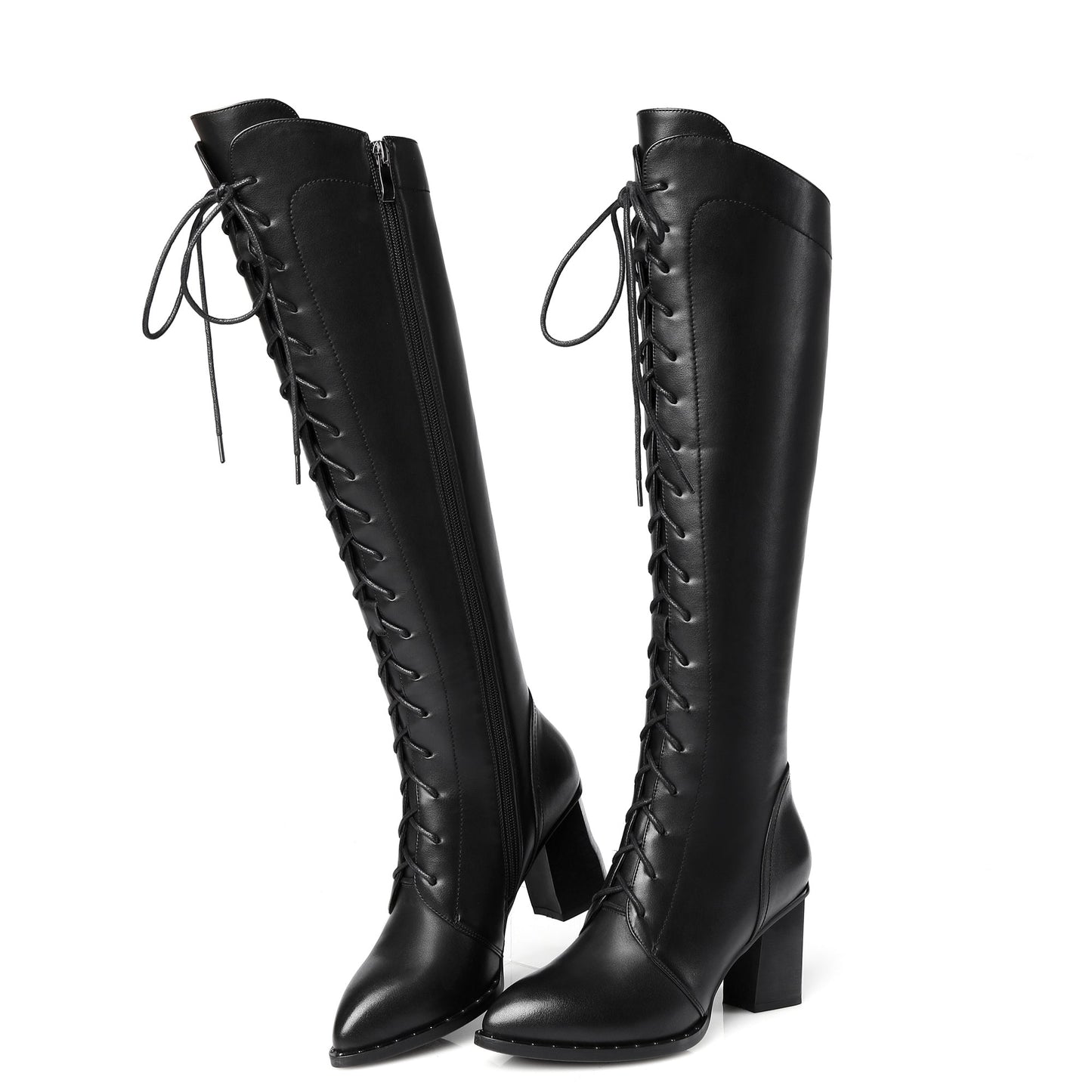 Women's Genuine Leather Pointed Toe Sylish Sleftie Handmade Side Zipper Mid Chunky Heel Knee High Boots