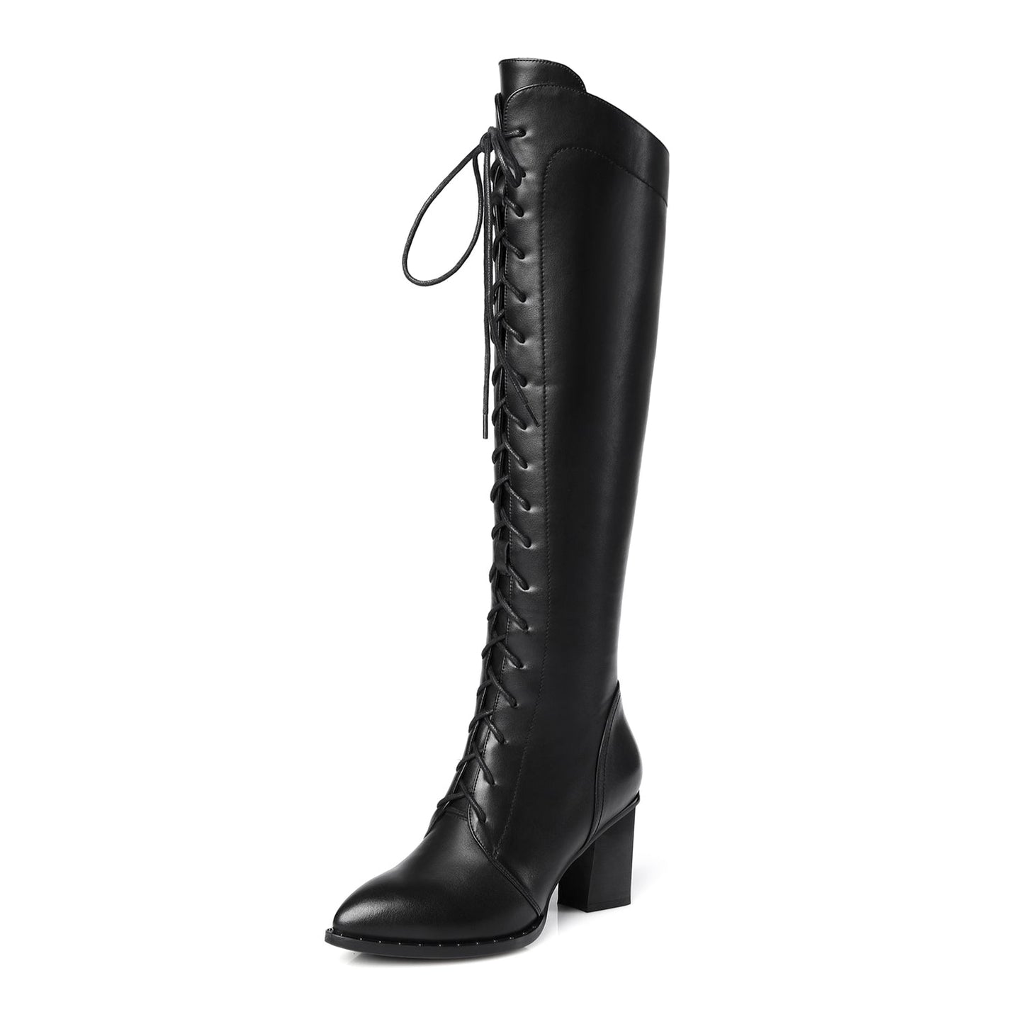 Women's Genuine Leather Pointed Toe Sylish Sleftie Handmade Side Zipper Mid Chunky Heel Knee High Boots