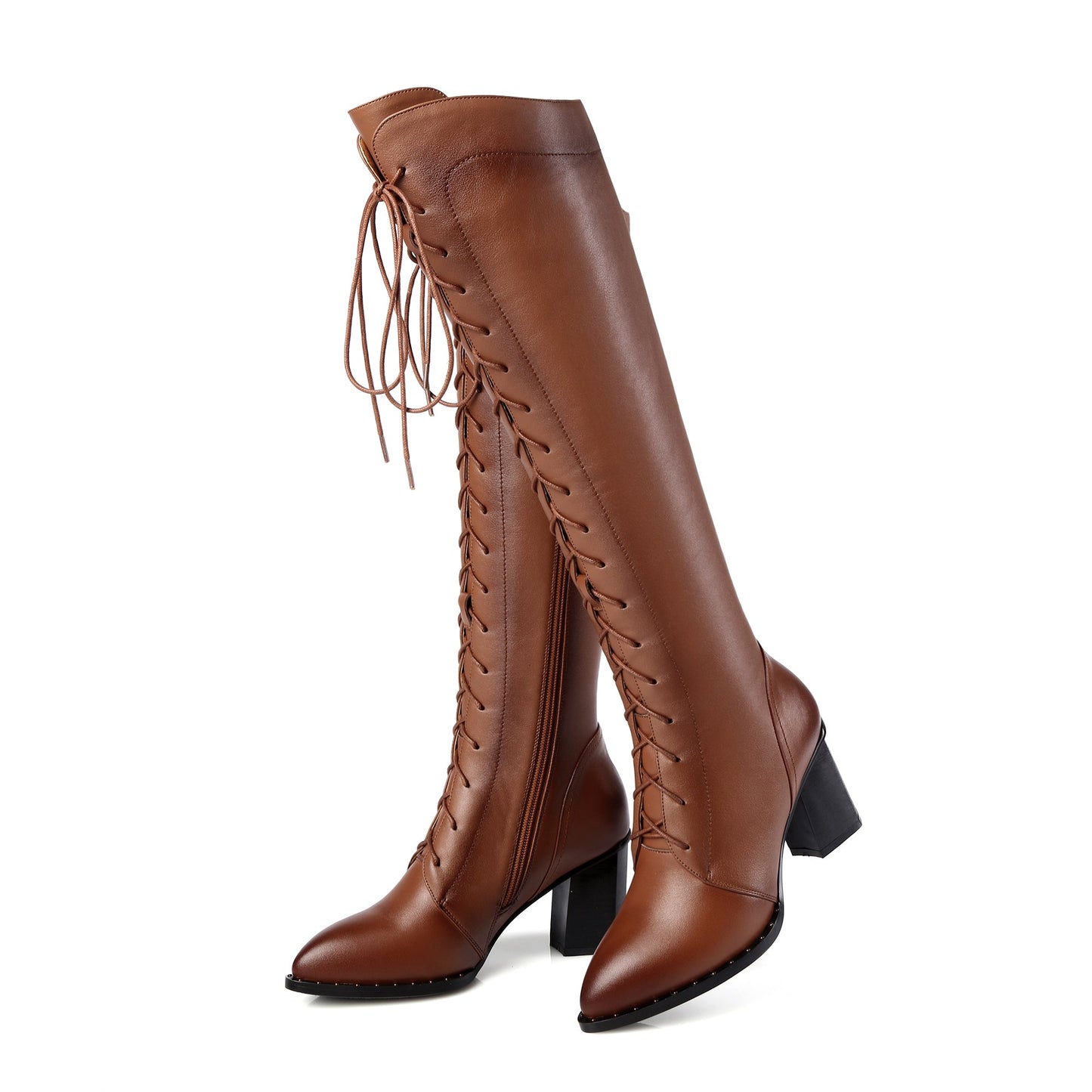 Women's Genuine Leather Pointed Toe Sylish Sleftie Handmade Side Zipper Mid Chunky Heel Knee High Boots