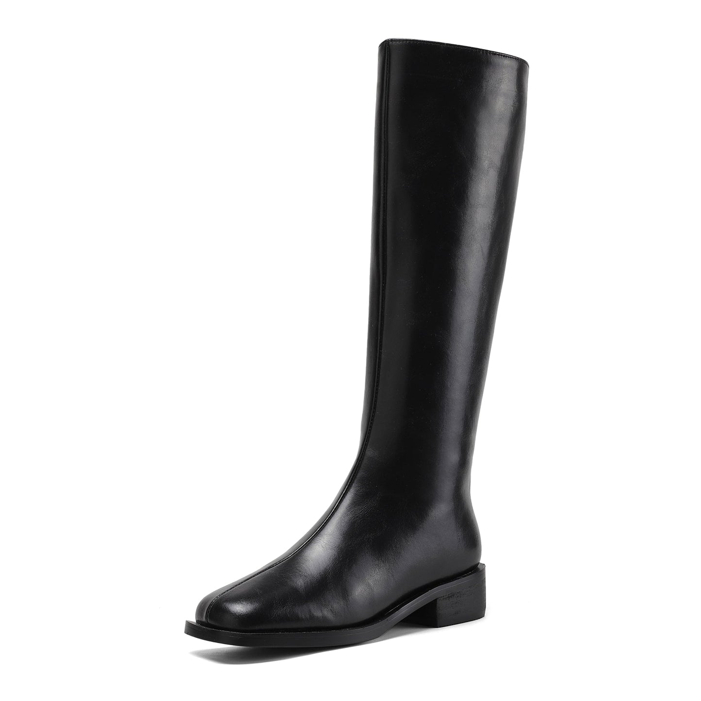 Women's Handmade Genuine Leather Square Toe Side Zip Up Block Heel Knee High Boots