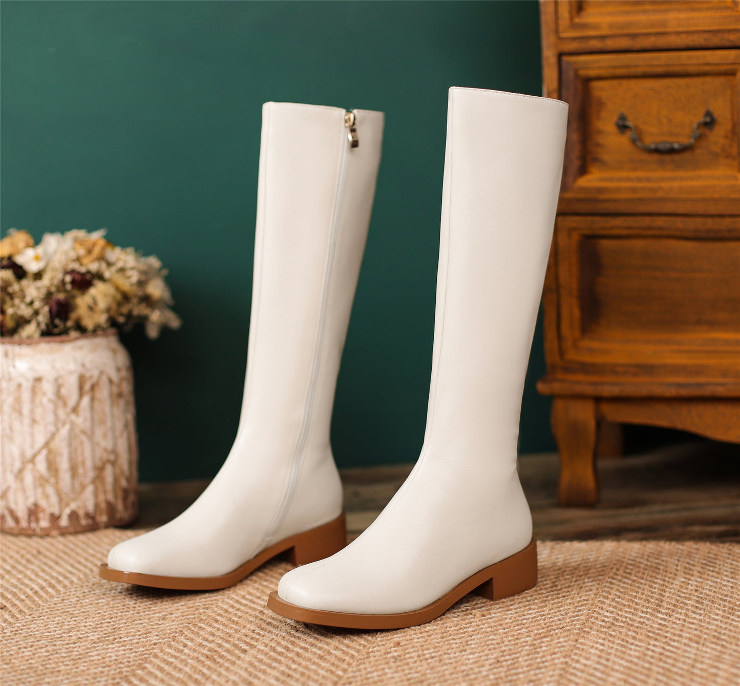 Women's Handmade Genuine Leather Square Toe Side Zip Up Block Heel Knee High Boots