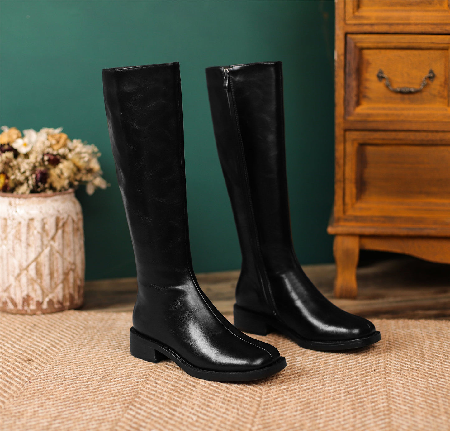 Women's Handmade Genuine Leather Square Toe Side Zip Up Block Heel Knee High Boots