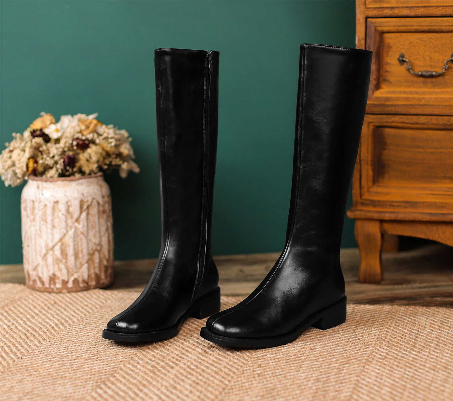 Women's Handmade Genuine Leather Square Toe Side Zip Up Block Heel Knee High Boots